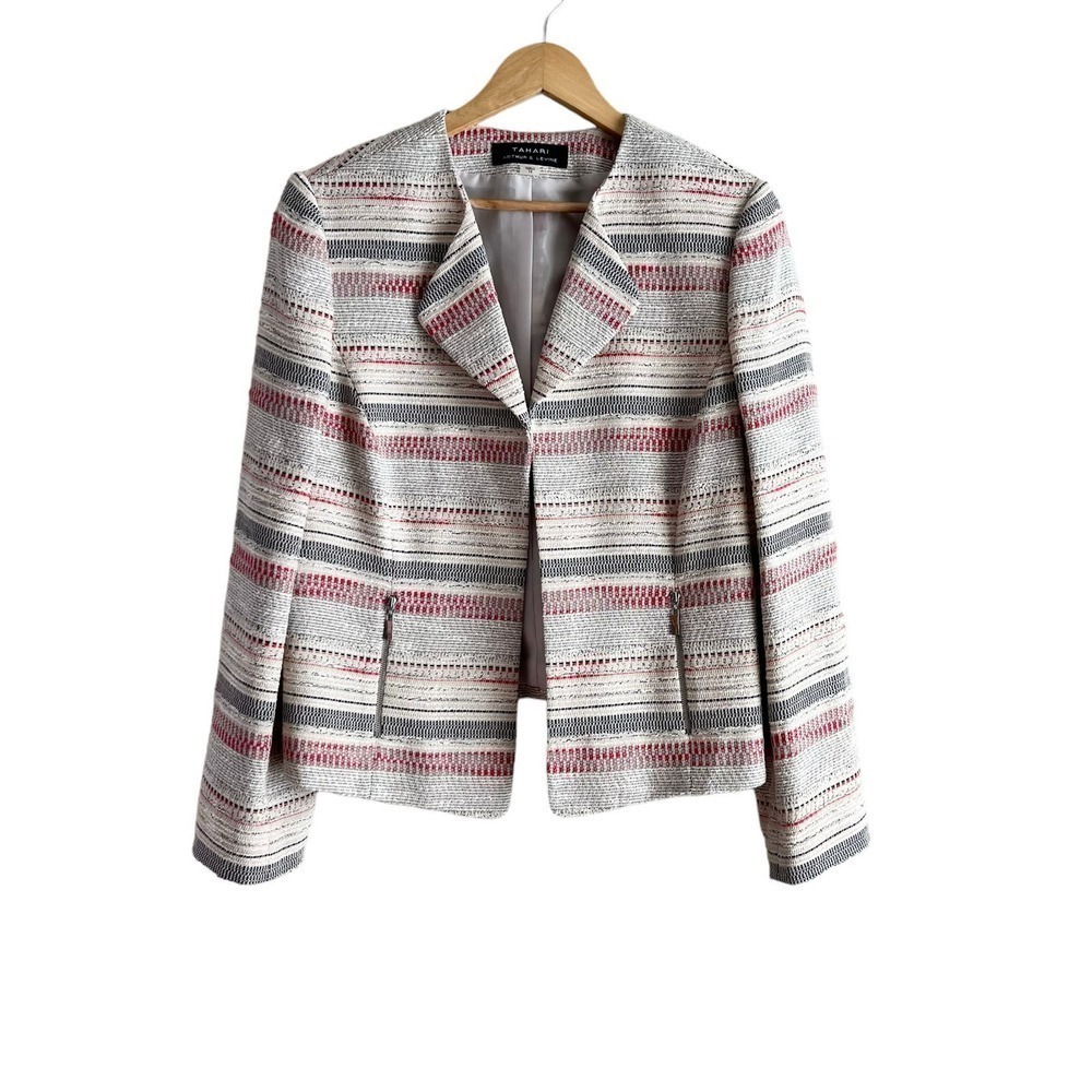 NWT Tahari ASL Open Front Striped‎ Tweed Blazer Jacket in Cream, Size 14